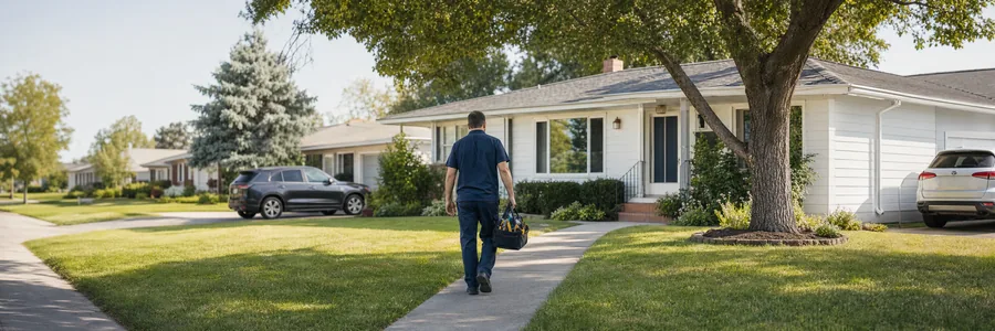 Electrician carrying a tool bag up the front path of a single-story ranch house on a quiet suburban street