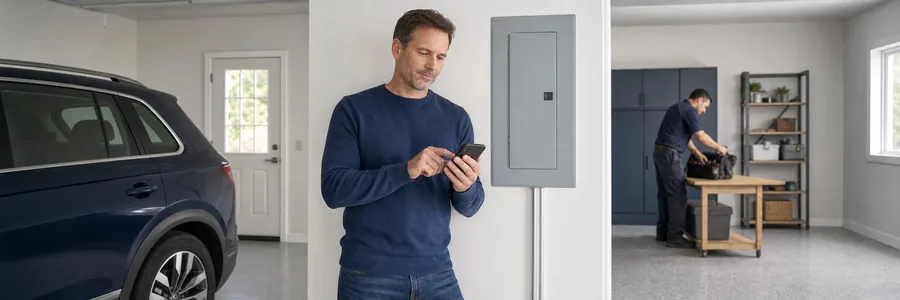Homeowner tapping his phone beside a newly installed breaker panel while an electrician packs up tools in the garage