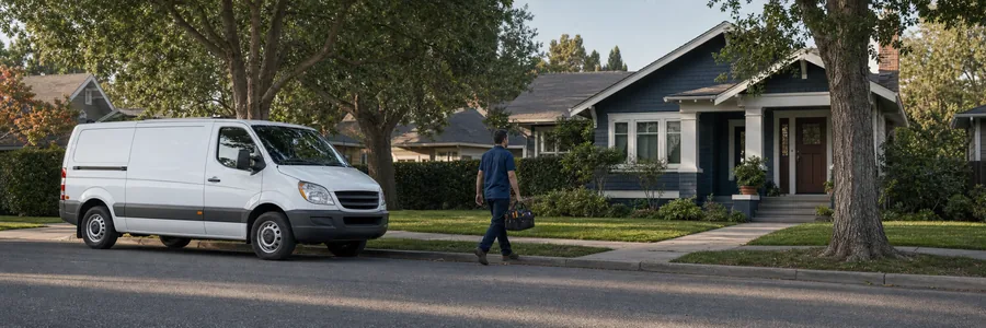 Electrician carrying a tool bag from an unmarked white service van toward a house on a tree-lined suburban street