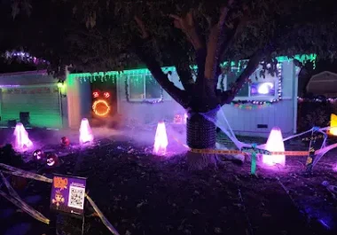 Fairfield holiday light display with neon signs and illuminated decorative structures