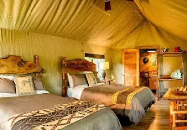 Glamping tent interior with two beds, wooden furnishings, and warm lighting in Santa Rosa