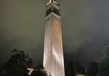 UC Berkeley Campanile bell tower illuminated at night