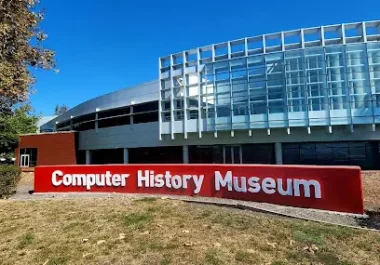 Computer History Museum building with red exterior sign in Mountain View