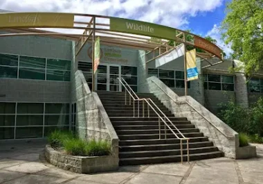 Walnut Creek community center building with wide entrance stairs and green signage