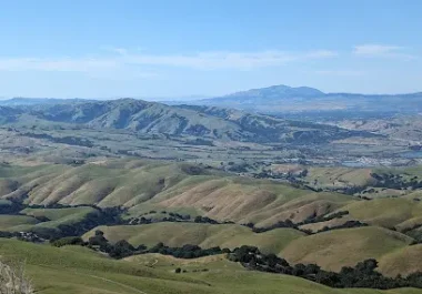 Rolling green hills and farmland in the Tri-Valley region with mountains in distance