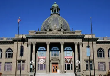 Historic civic building with domed roof in downtown Redwood City