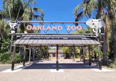 Oakland Zoo entrance with decorative cow sculptures and palm trees